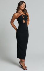 Dominika Midi Dress - Halter Neck Cut Out Bodycon Dress in Black
