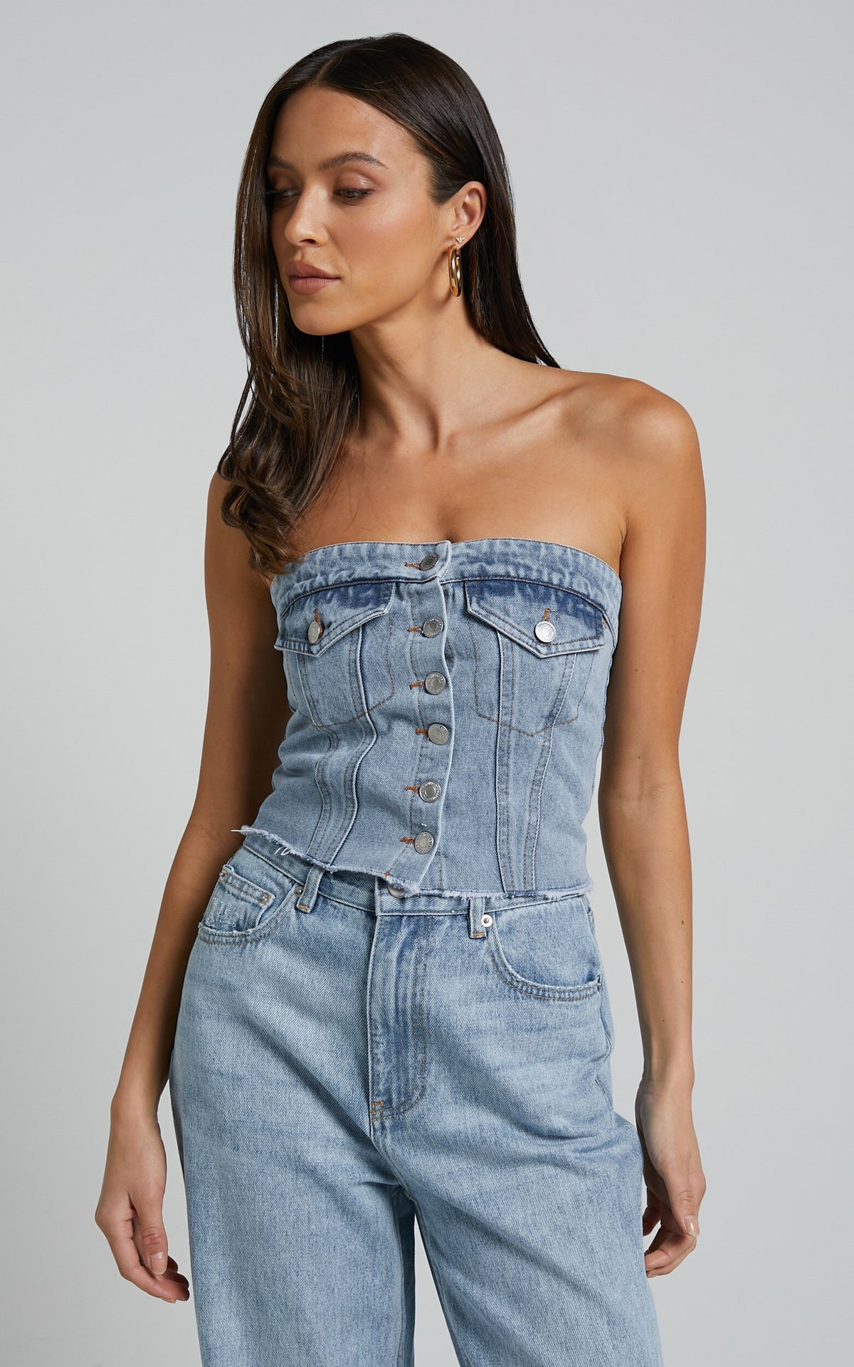 Aubrielle Bustier - Denim Bustier with Pocket Details in Indigo Wash
