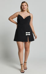 Bernice Mini Dress - Plunge Neck Bow Split Dress in Black