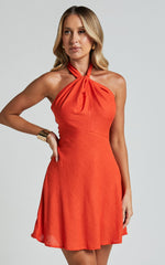 Louie Mini Dress - Linen Halter Neck Dress in Orange