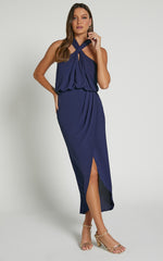 Sofiah Midi Dress - Twist Halterneck Split Dress in Navy