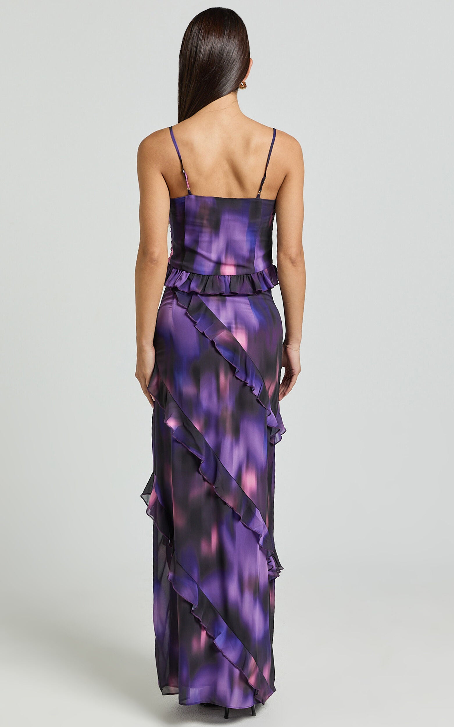 Velma Maxi Skirt - Recycled Tiered Ruffle Thigh Split Skirt in Violet Night Print