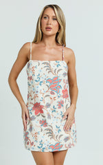 Carlina Mini Linen Dress - Linen Strapped Shift Dress in Summer Chintz
