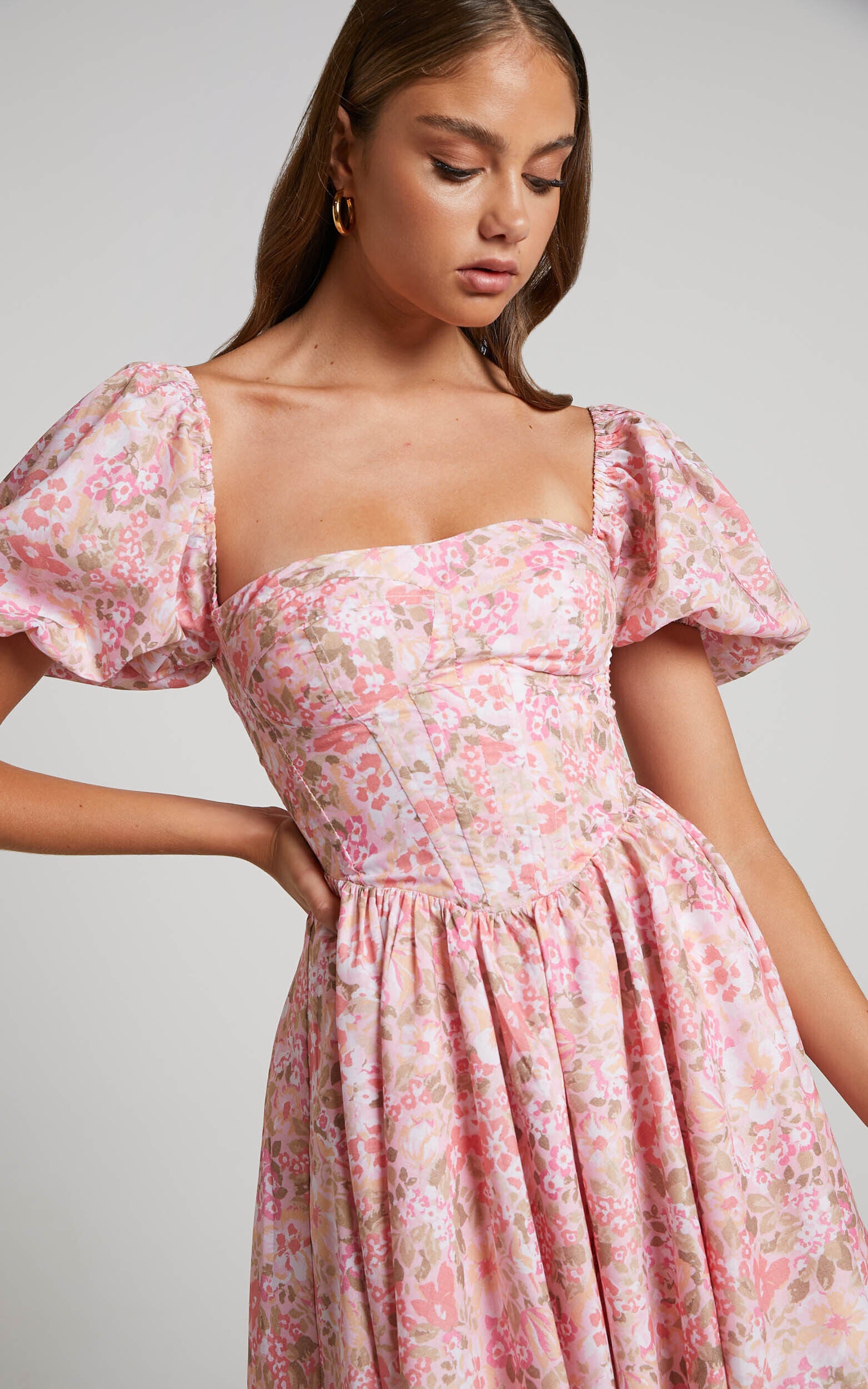 Phorchia Mini Dress - Fit and Flare Puff Sleeve Corset Dress in Fleur Print