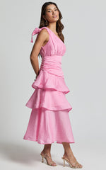 Eugenia Midi Dress - One Shoulder Fit and Flare Layered Dress in Pink