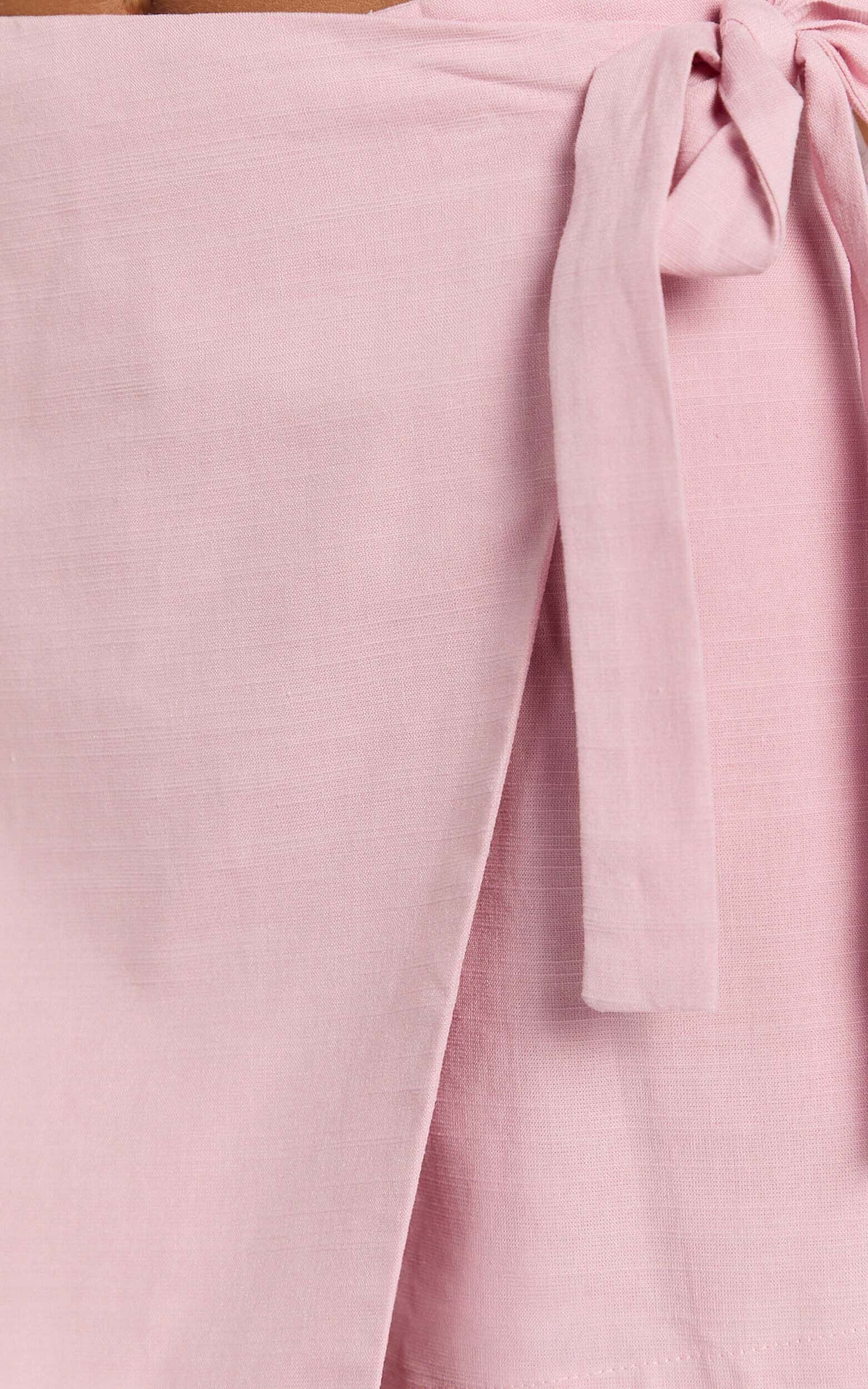 Polina Two Piece Set - Linen Square Neck Crop Top and Tie Waist Skort Set in Pale Pink
