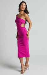 Cedrych Midi Dress - Side Cut Out Asymmetric Bodycon Dress in Fuschia