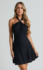 Louie Mini Dress - Linen Halter Neck Dress in Black