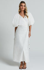 Amalie The Label - Santana Linen Blend Puff Sleeve Wrap Midi Dress in White