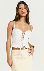Nani Top - Lace Front Fitted Frill Hem Top in White