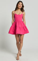 Zelda Mini Dress - Corset Front Tiered Lace Up Mini Dress in Pink