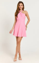 Louie Mini Dress - Linen Halter Neck Dress in Candy Pink