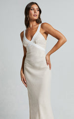 Chakyra Midi Linen Dress - Contrast Strap Bias Cut Column Dress in Beige with White Contrast