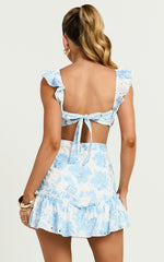 Anisha Mini Dress - Flutter Sleeve Straight Neck With Tie Back Dress in Blue Floral Print