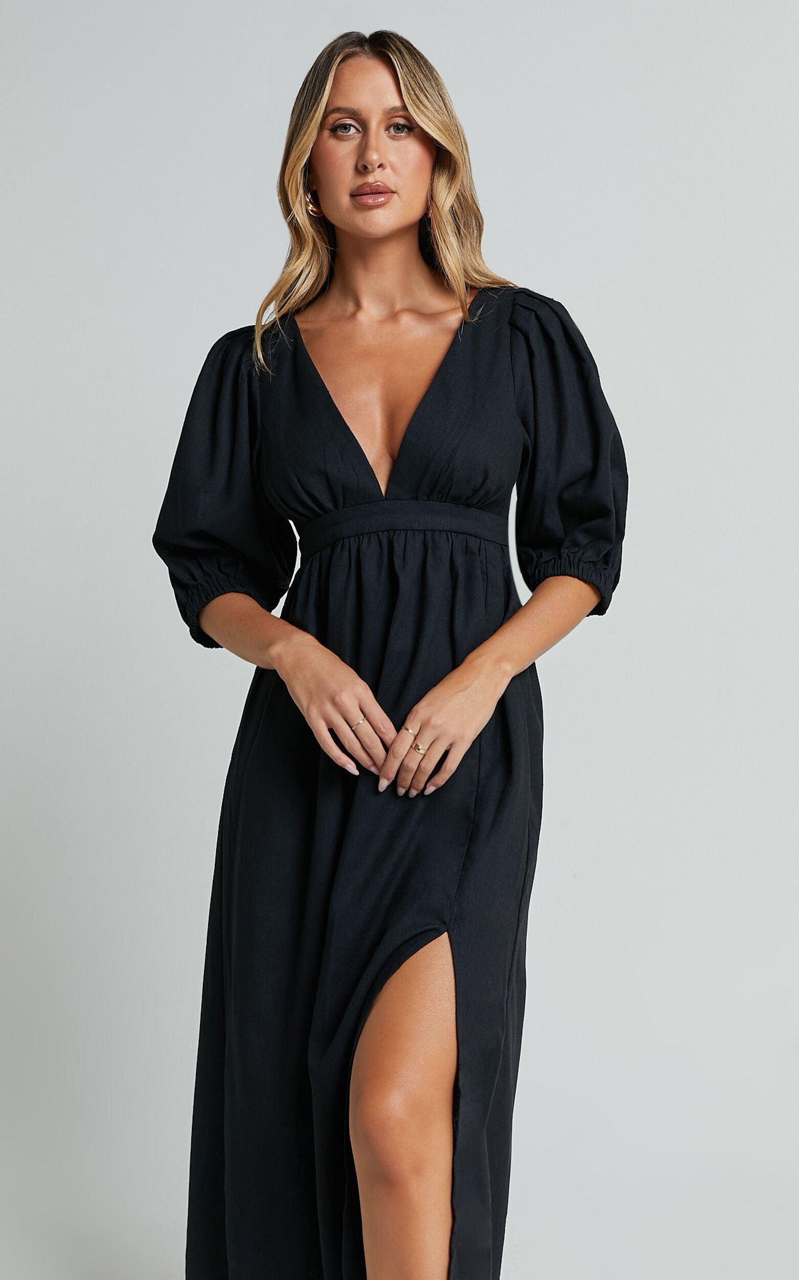 Eidie Midi Dress - Linen Puff Sleeve Open Tie Back Flare Dress in Black