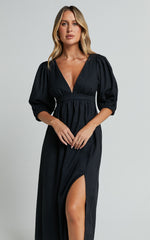 Eidie Midi Dress - Linen Puff Sleeve Open Tie Back Flare Dress in Black