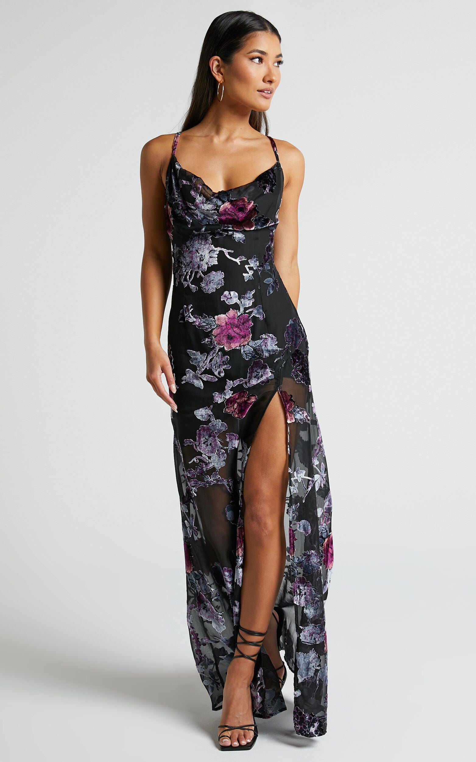 Aletta Maxi Dress - Cowl Cross Back Dress in Purple Haze Burnt Out Floral