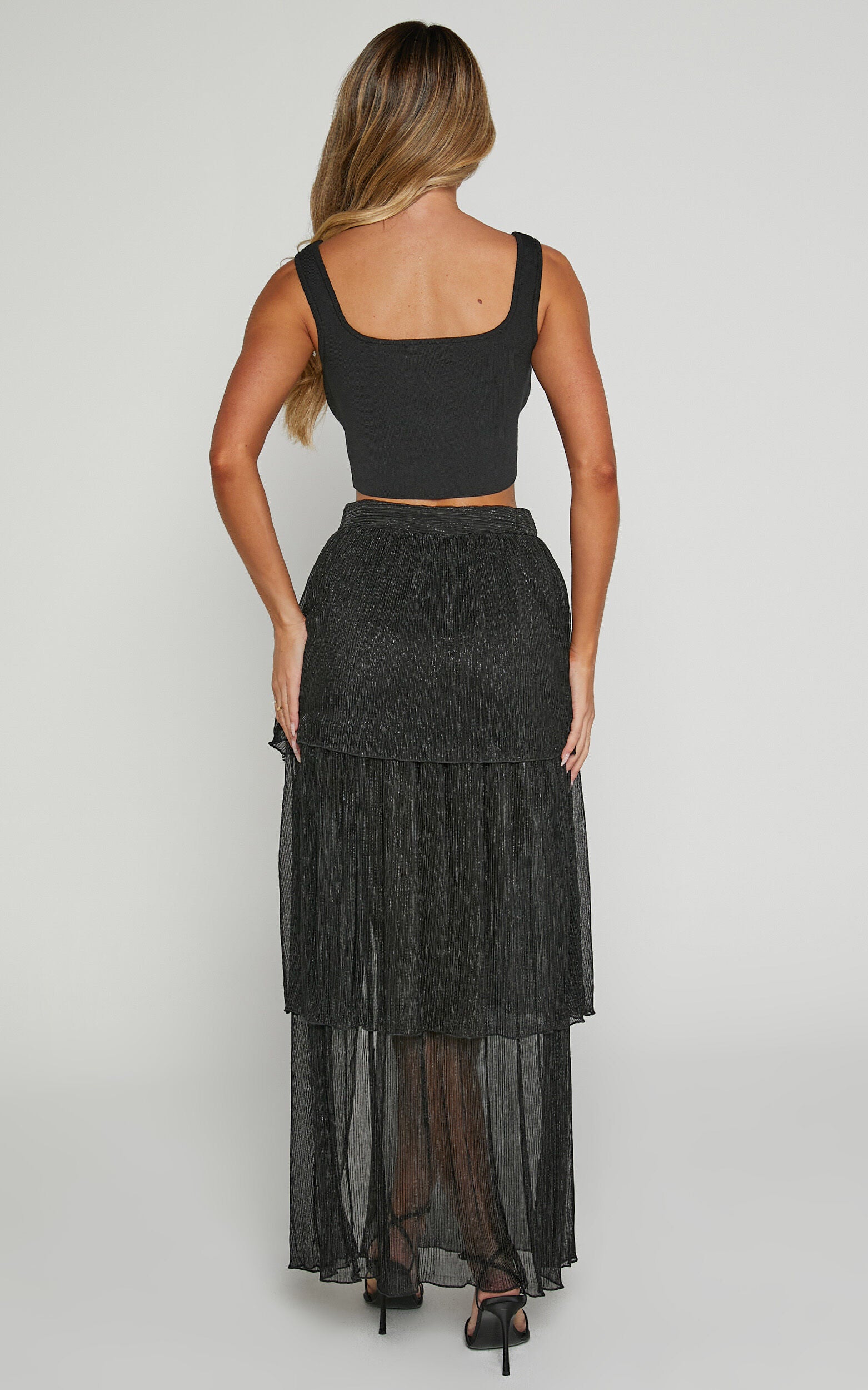 Daisy Maxi Skirt - High Waisted Thigh Split Skirt in Black