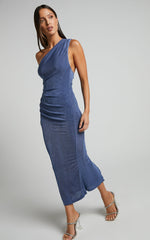Arietty Midi Dress - One Shoulder Asymmetrical Ruched Dress in Steel Blue
