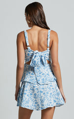 Cassia Mini Dress - Ruched Bust Sleeveless Layered Dress in Blue and White Print