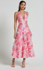 Reba Midi Dress - V Neck Tiered Jacquard Dress in Pink