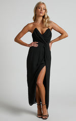 Raquella Midi Dress - Twist Front Thigh Split Strapless Dress in Black
