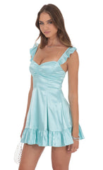 Satin Ruffle Fit and Flare Dress in Turquoise