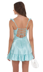 Satin Ruffle Fit and Flare Dress in Turquoise